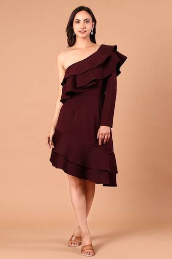 Burgundy ruffle work crepe one-shoulder midi dress