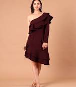 Burgundy ruffle work crepe one-shoulder midi dress