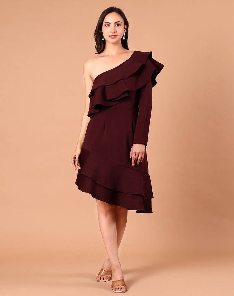 Burgundy ruffle work crepe one-shoulder midi dress