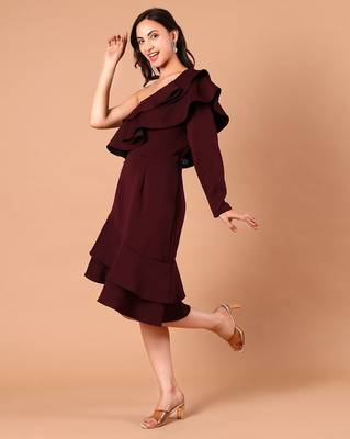 Burgundy ruffle work crepe one-shoulder midi dress 3