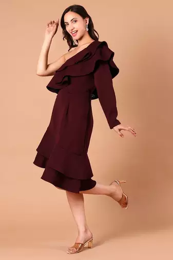 Burgundy ruffle work crepe one-shoulder midi dress