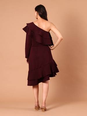 Burgundy ruffle work crepe one-shoulder midi dress 4