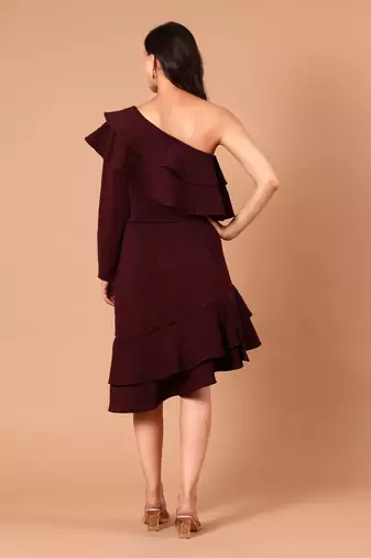 Burgundy ruffle work crepe one-shoulder midi dress