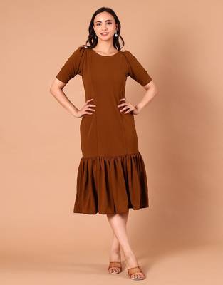 Brown ruffle work polyester sheath midi dress for women 1