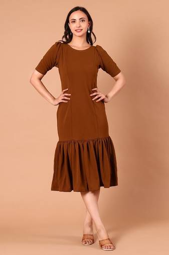 Brown ruffle work polyester sheath midi dress for women