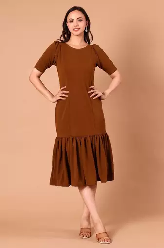 Brown ruffle work polyester sheath midi dress for women