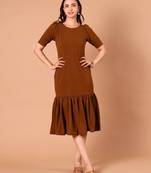 Brown ruffle work polyester sheath midi dress for women
