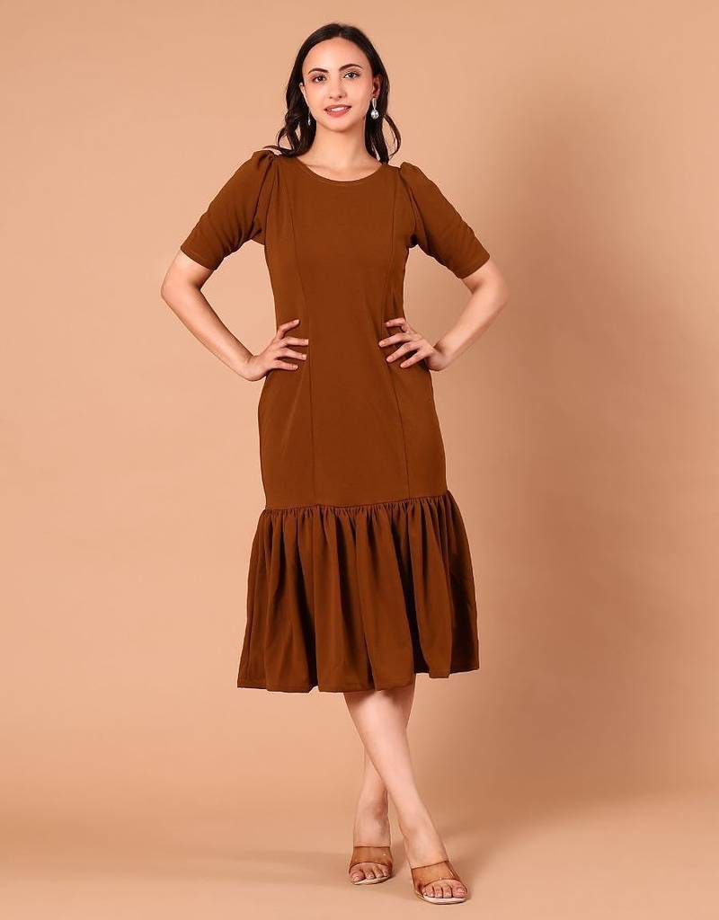 Brown ruffle work polyester sheath midi dress for women