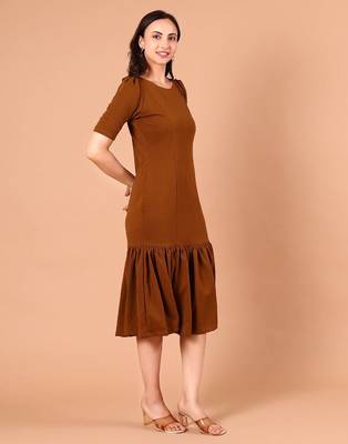 Brown ruffle work polyester sheath midi dress for women 2