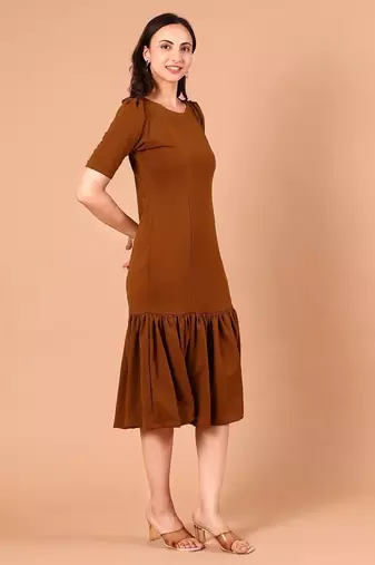 Brown ruffle work polyester sheath midi dress for women