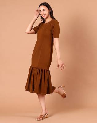 Brown ruffle work polyester sheath midi dress for women 3