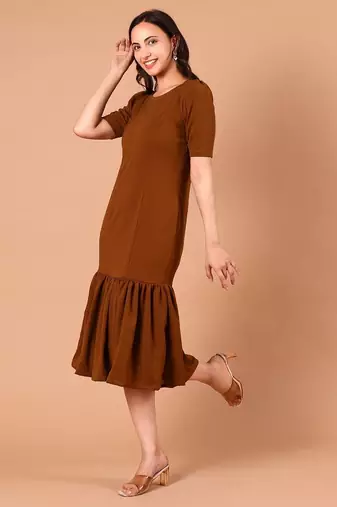 Brown ruffle work polyester sheath midi dress for women