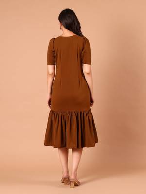 Brown ruffle work polyester sheath midi dress for women 4