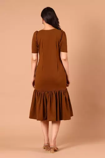 Brown ruffle work polyester sheath midi dress for women