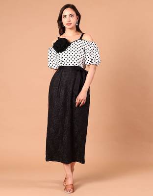 Black & white polka dot floral polyester off-shoulder maxi dress 1
