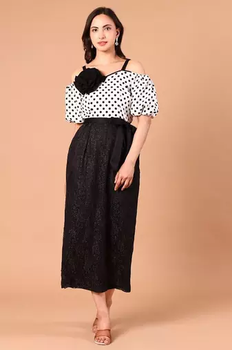 Black & white polka dot floral polyester off-shoulder maxi dress