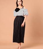Black & white polka dot floral polyester off-shoulder maxi dress
