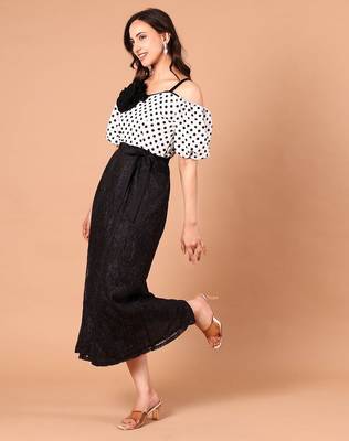 Black & white polka dot floral polyester off-shoulder maxi dress 2