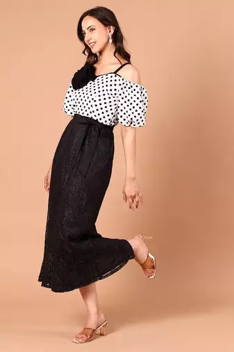 Black & white polka dot floral polyester off-shoulder maxi dress