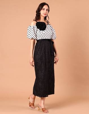 Black & white polka dot floral polyester off-shoulder maxi dress 3