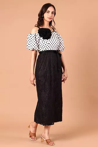 Black & white polka dot floral polyester off-shoulder maxi dress