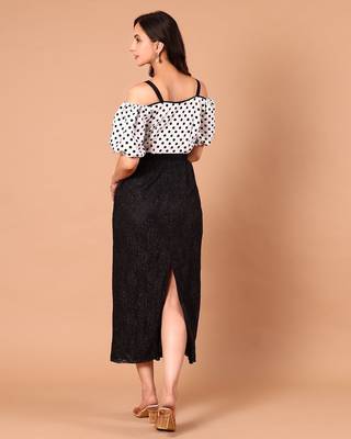 Black & white polka dot floral polyester off-shoulder maxi dress 4
