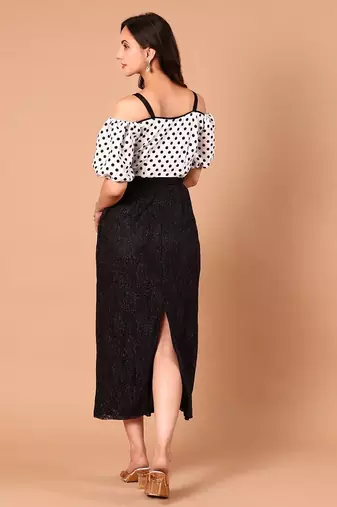 Black & white polka dot floral polyester off-shoulder maxi dress