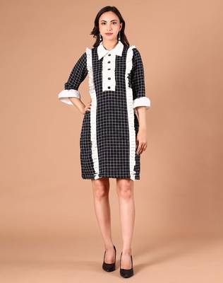 Black & white checked ruffle work polyester shirt dress 1