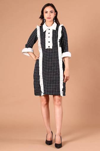 Black & white checked ruffle work polyester shirt dress