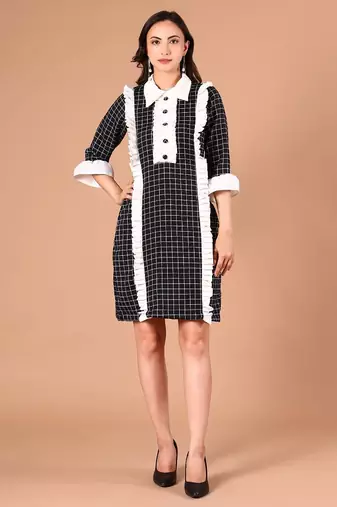 Black & white checked ruffle work polyester shirt dress
