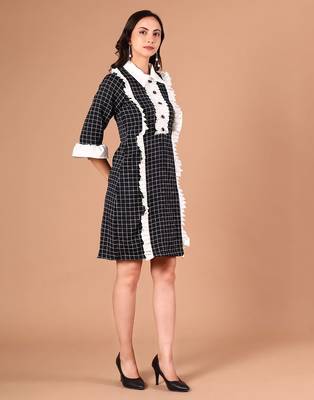 Black & white checked ruffle work polyester shirt dress 2