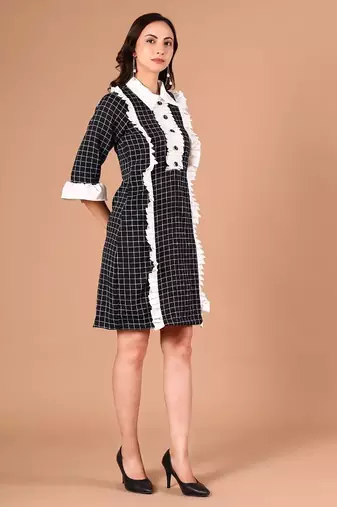 Black & white checked ruffle work polyester shirt dress