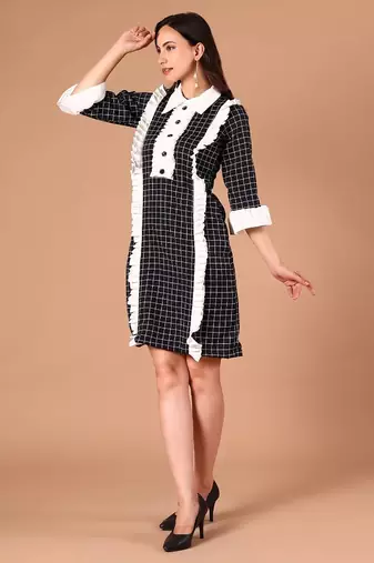 Black & white checked ruffle work polyester shirt dress