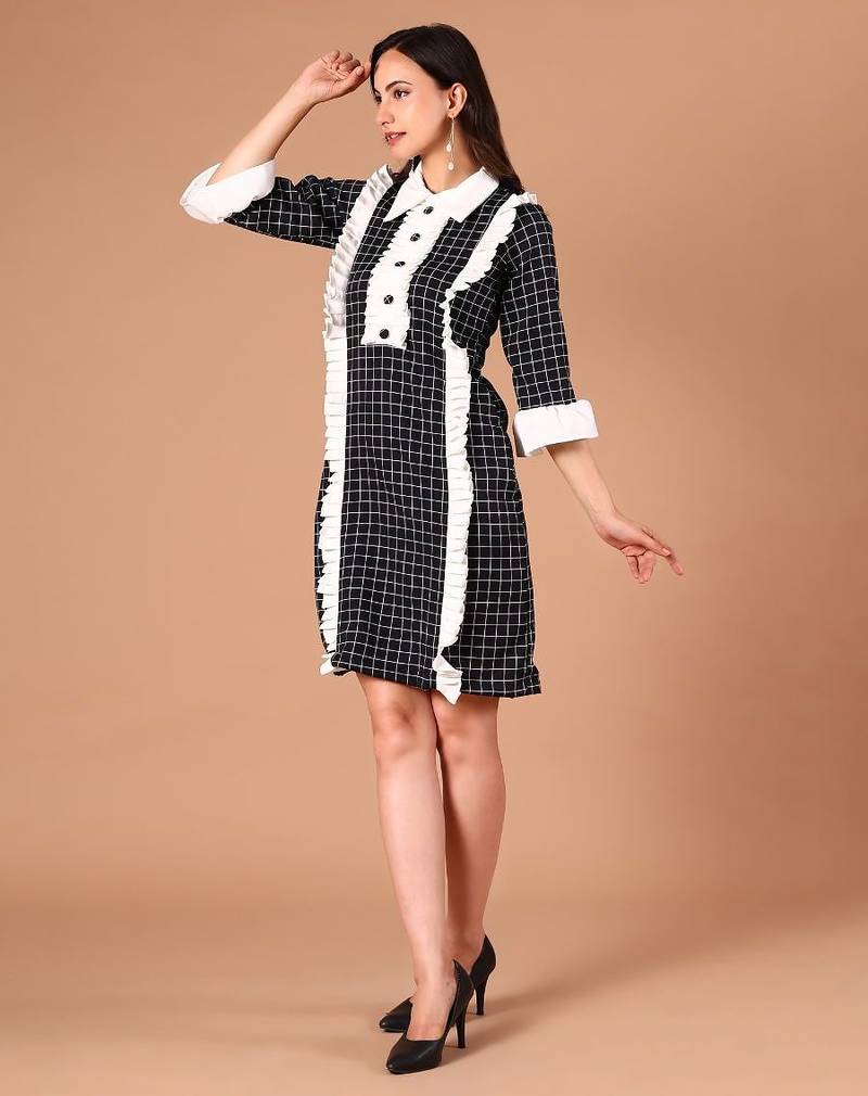 Black & white checked ruffle work polyester shirt dress