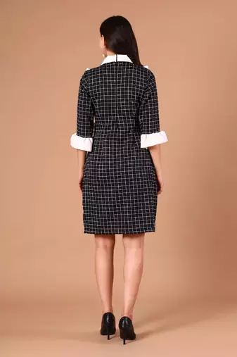 Black & white checked ruffle work polyester shirt dress