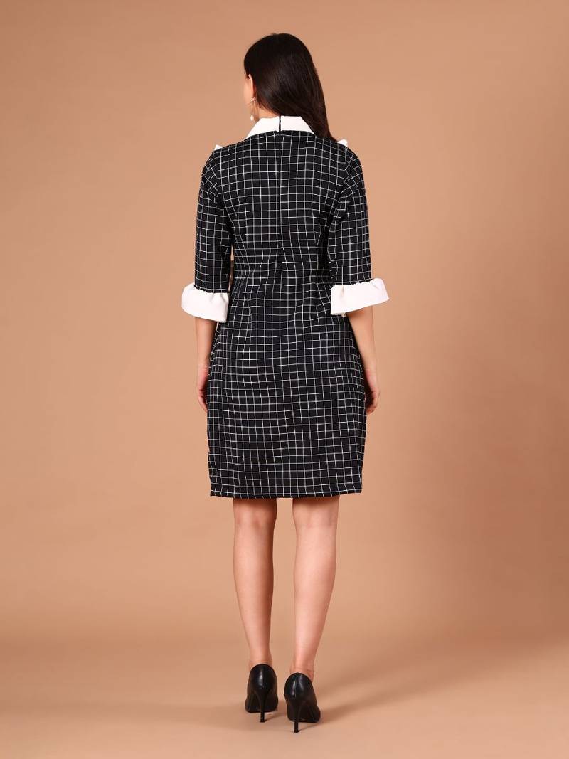 Black & white checked ruffle work polyester shirt dress