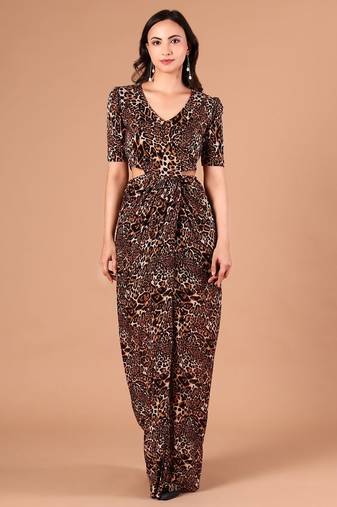 Brown animal printed crepe cut-out maxi dress for women