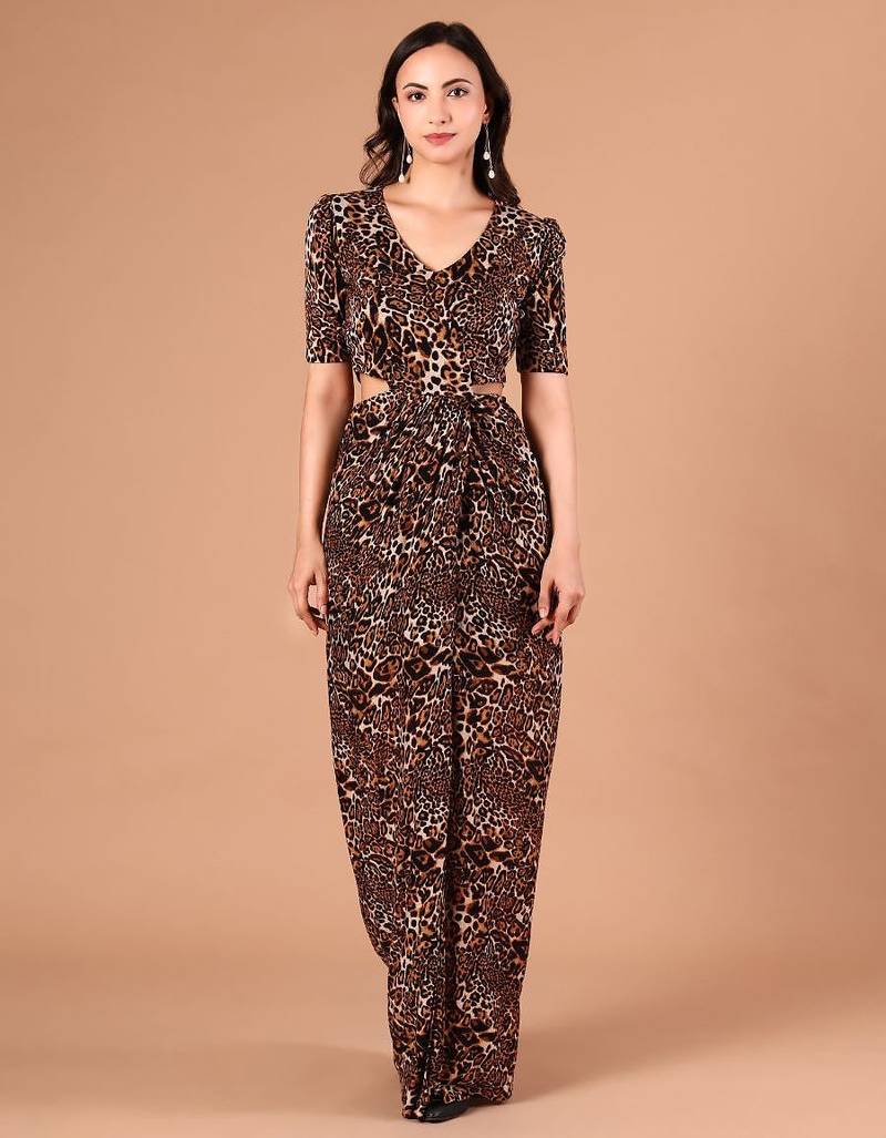 Brown animal printed crepe cut-out maxi dress for women