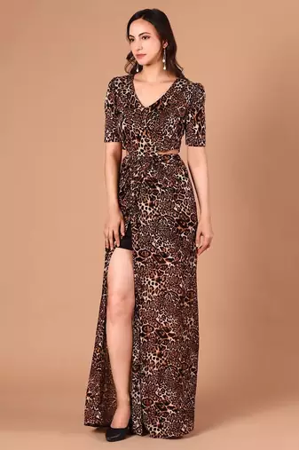 Brown animal printed crepe cut-out maxi dress for women