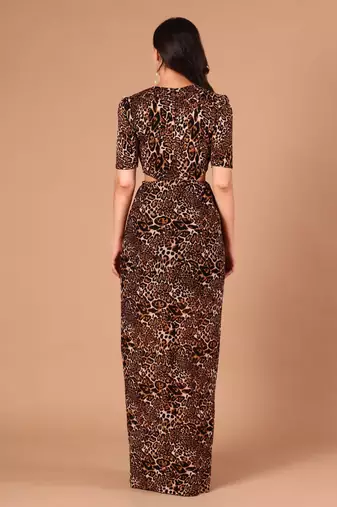 Brown animal printed crepe cut-out maxi dress for women