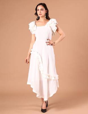White ruffle work crepe a-line midi dress for women 1