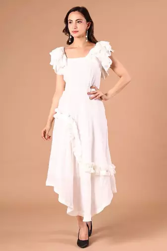 White ruffle work crepe a-line midi dress for women