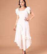 White ruffle work crepe a-line midi dress for women