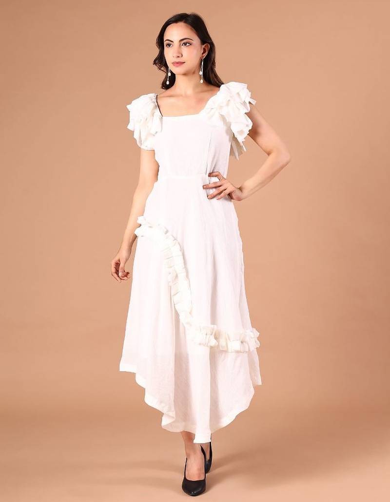 White ruffle work crepe a-line midi dress for women
