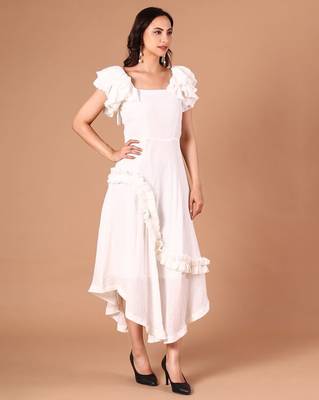 White ruffle work crepe a-line midi dress for women 2