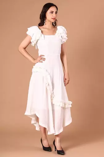 White ruffle work crepe a-line midi dress for women