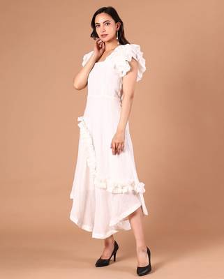 White ruffle work crepe a-line midi dress for women 3