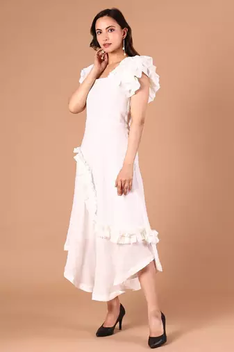 White ruffle work crepe a-line midi dress for women