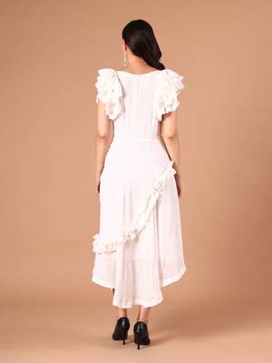 White ruffle work crepe a-line midi dress for women 4