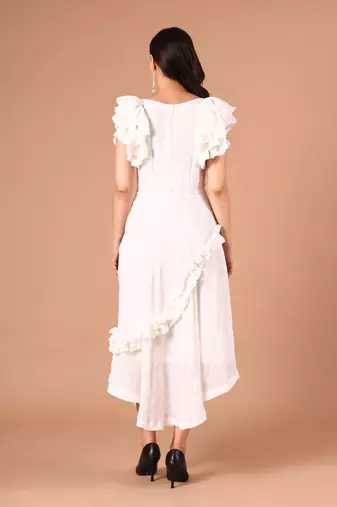 White ruffle work crepe a-line midi dress for women